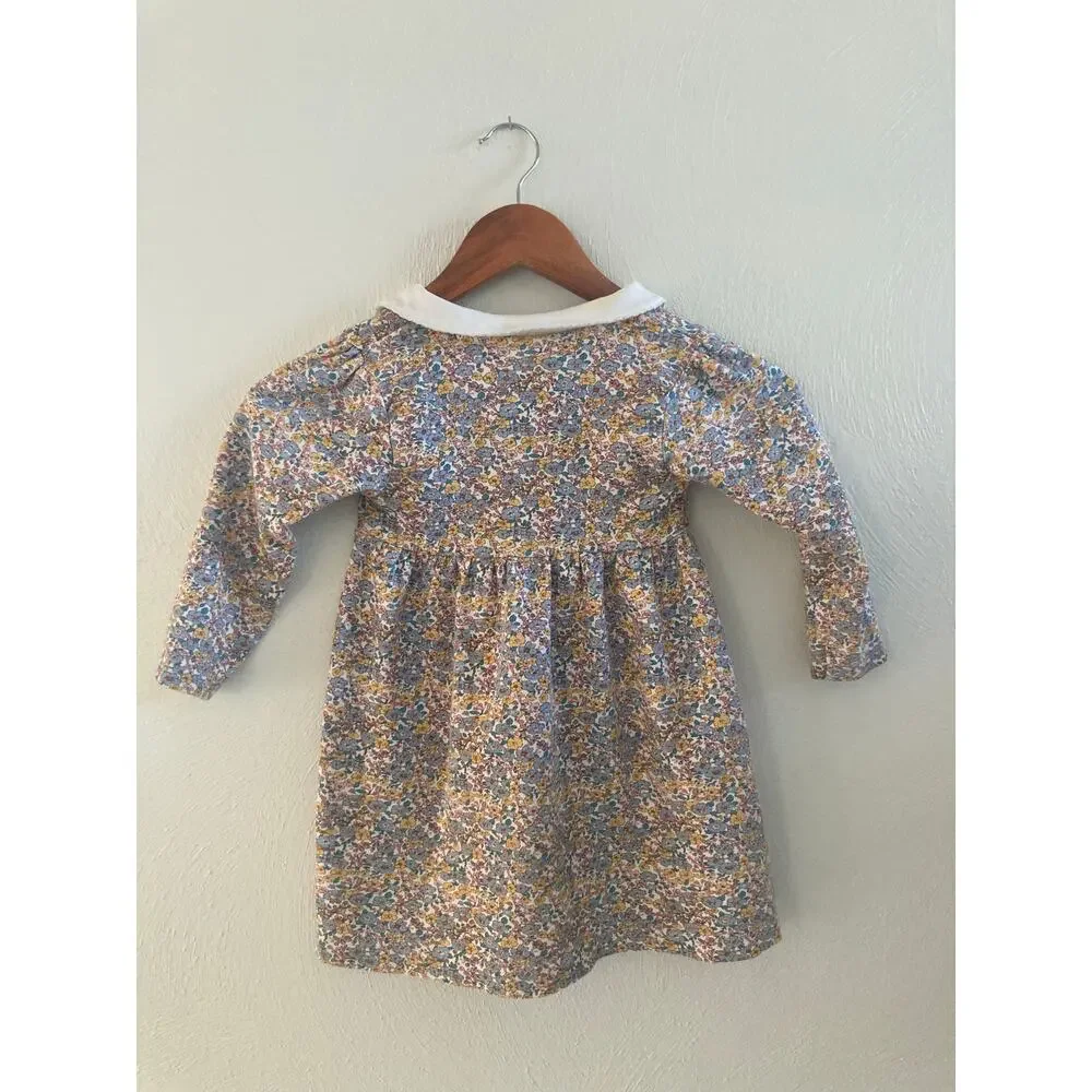 JoJo Maman Bebe 100% Cotton Peter Pan Collared Ditsy Floral Dress 3-4 Mustard